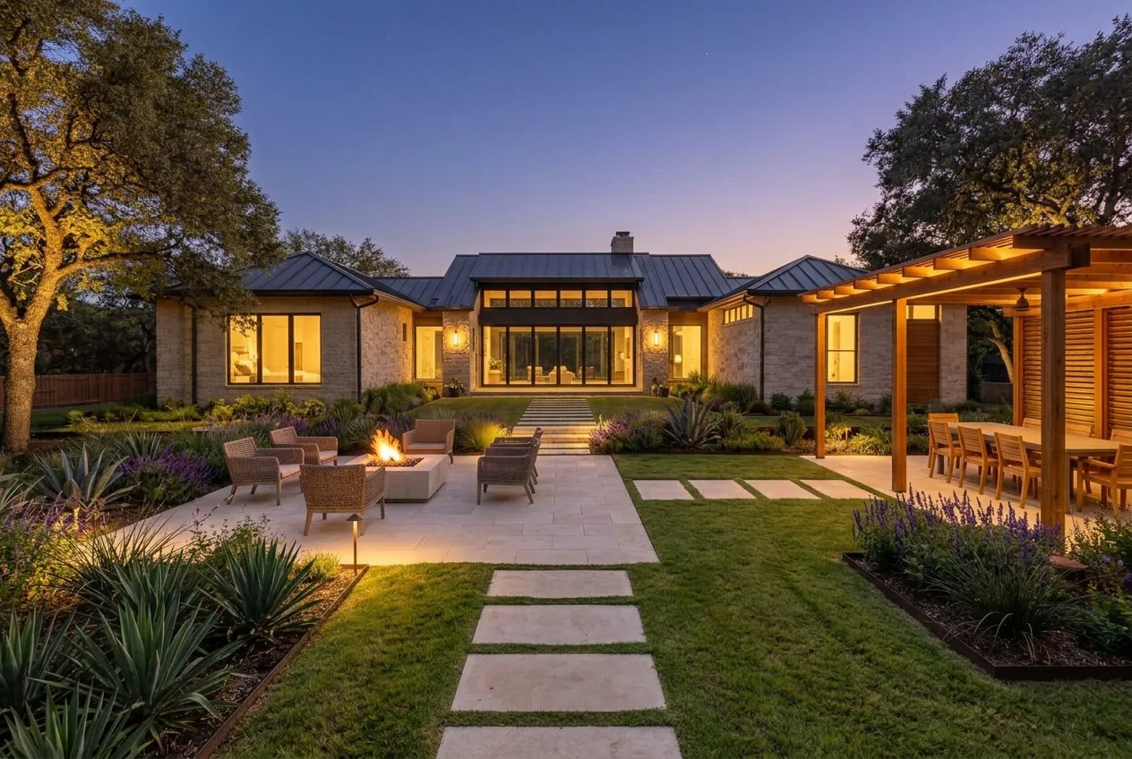 The same backyard after the project, with limestone patio, pergola, planting and evening lighting